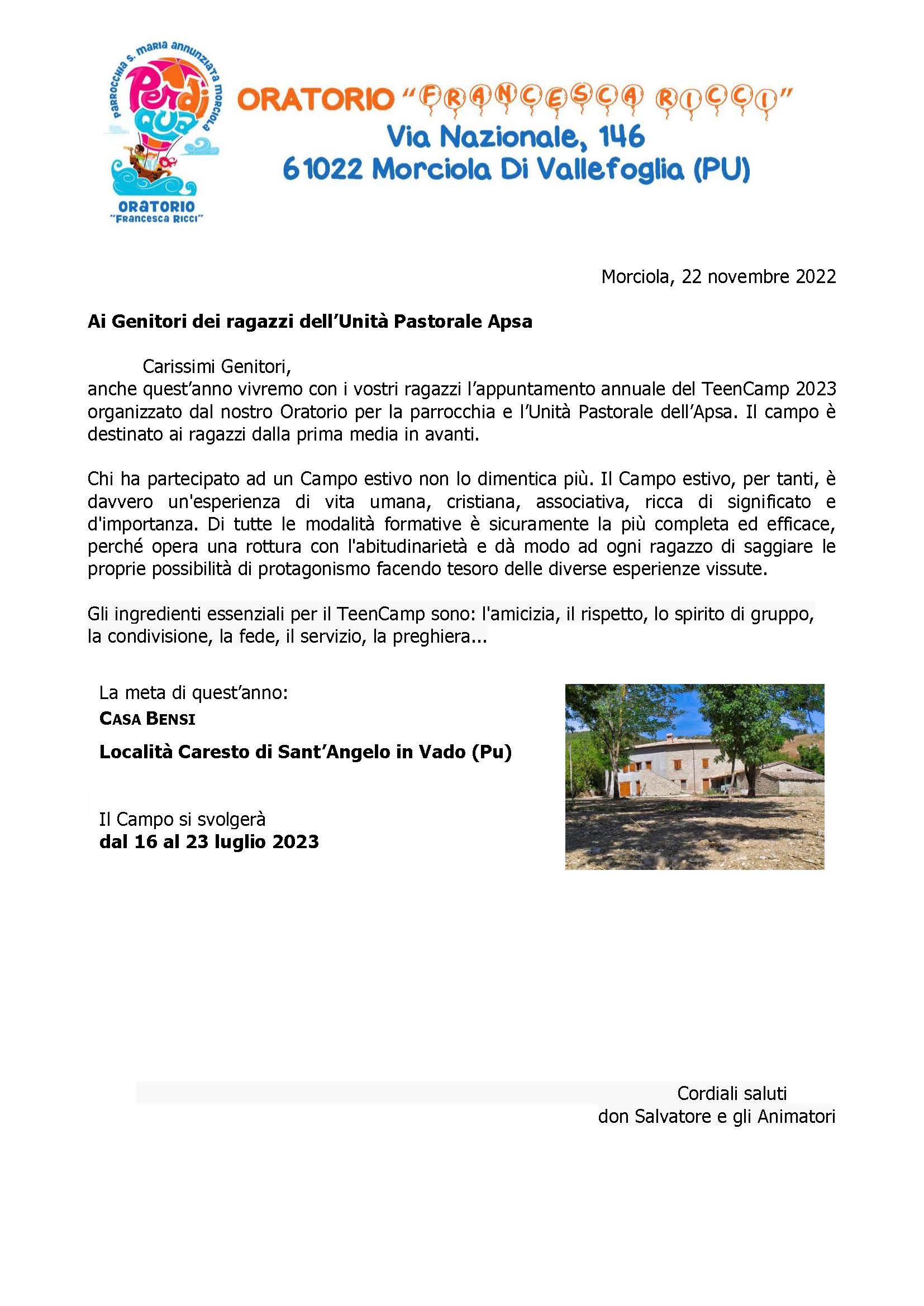 Lettera per TeenCamp 2023