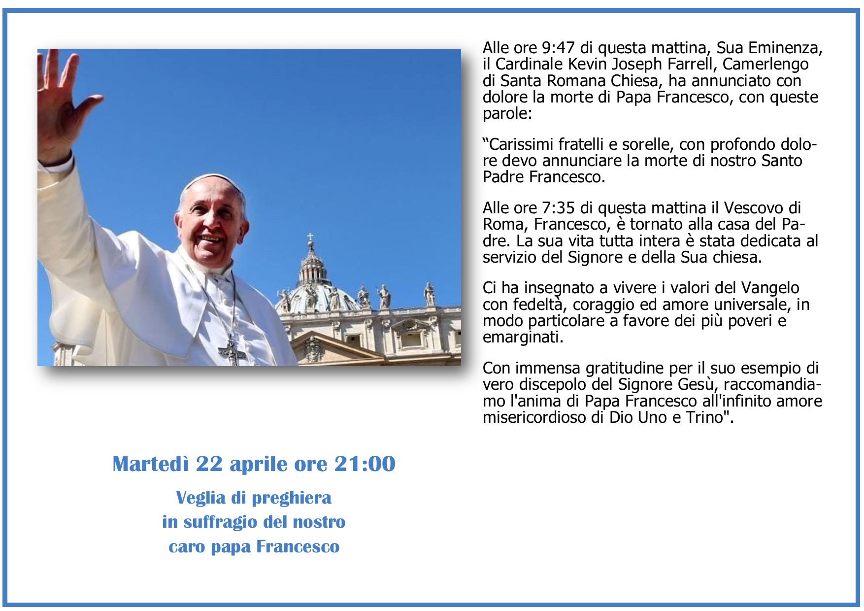 Veglia per papa francesco